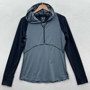 Mountain Hardwear Women’s Large Wick.Q 1/4 Zip Hooded Black Gray Stripe Sleeve